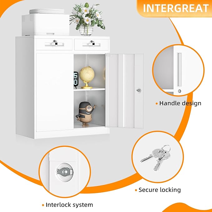INTERGREAT Metal Cabinet with Drawers, Lockable Metal Storage Cabinets with Doors and Shelves for Garage, White Locking Garage Storage Cabinets 36"×32"×16"-DeskLoop Office