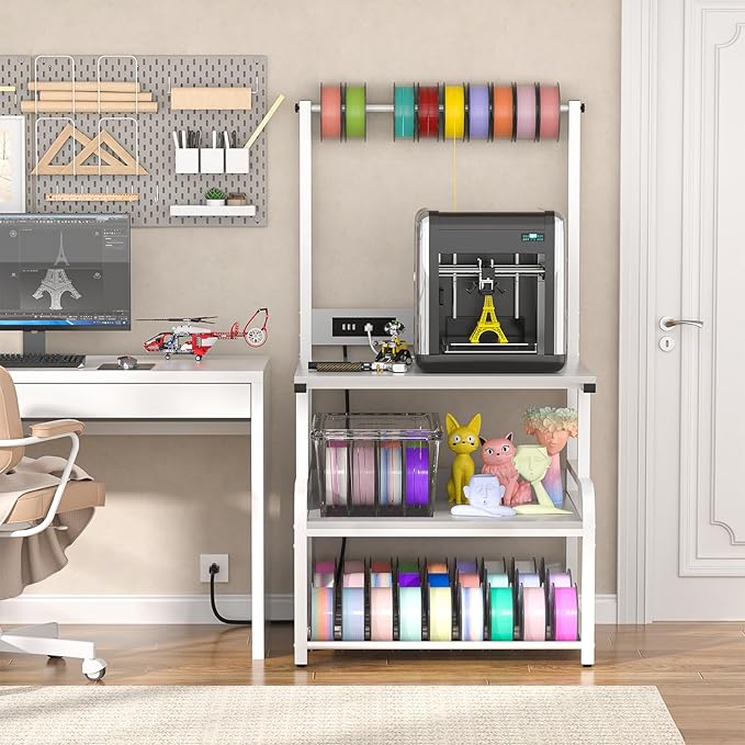 Homieasy Printer Stand with Charging Station, 29.1" x 22.8" Large 3D Printer Table with Filament Storage, Heavy Duty Rolling Printer Cart with 4-Tier Storage for Workshop/Office/Garage, Light Grey-DeskLoop Office