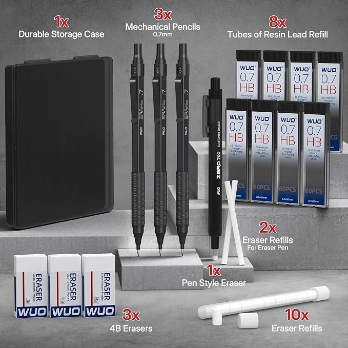 WUO 0.7mm Mechanical Pencil Set, 3 Black Metal Drafting Pencils - Image 7