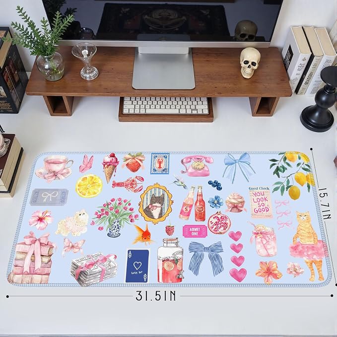 Cute Blue Desk Mat Kawaii Cat Mouse Pad Retro Vintage Large XXL Mousepad - Image 7