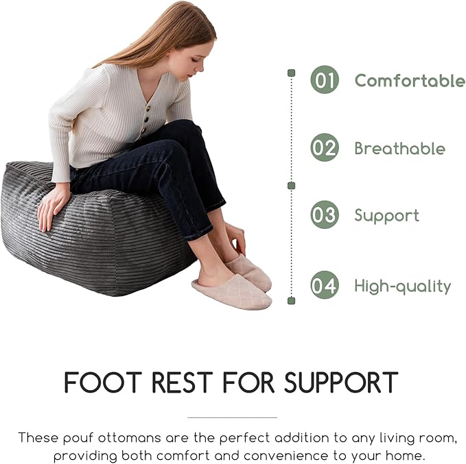 HIGOGOGO Square Stuffed Pouf Ottoman, Corduroy Poufs with Foam Chunk Filling, Furry and Fluffy Pouf Foot Stool Storage Ottoman, 25.6 X 25.6 Floor Poufs Foot Rest for Living Room, Dark Grey-DeskLoop Office