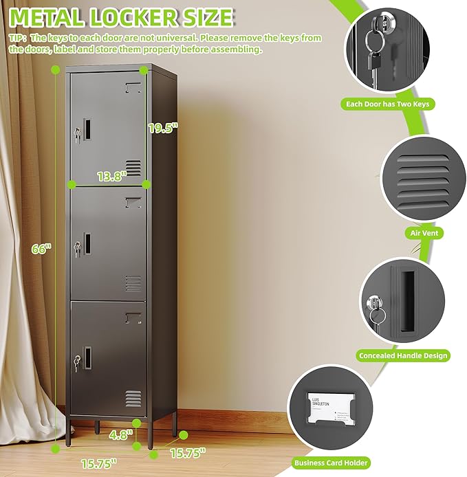 Aobabo 16" W 3 Door Metal Storage Locker with Lock, 66" H Steel Locker with Name Card Holder and Metal Hook for School, Home, Office, Playroom, Assembly Required, Black-DeskLoop Office