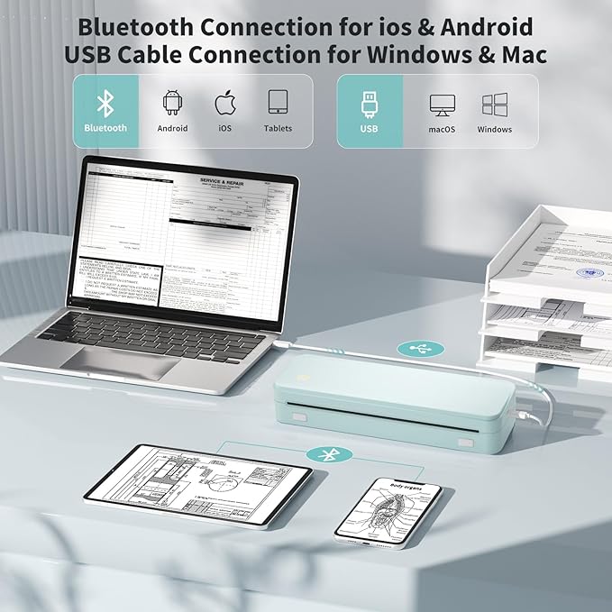 JADENS Portable Printers Wireless for Travel, Thermal Inkless Printer, Support 8.5" X 11" Thermal Paper(Green)-DeskLoop Office