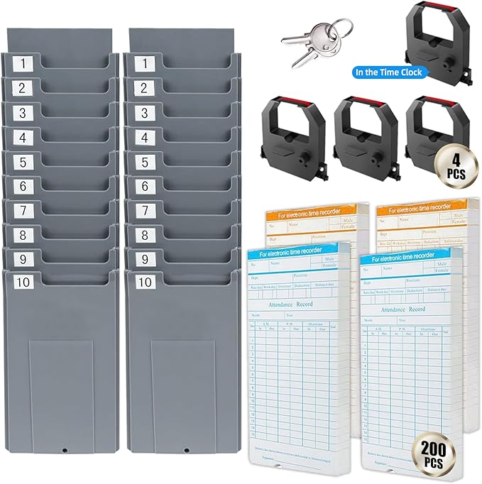 Time Clock Bundle with 200 Time Cards, 4 Ink Ribbons, 2 Ten-Slot Time Card Racks, & 2 Security Keys, Auto-Align Employee Time Clocks for Small Business-DeskLoop Office
