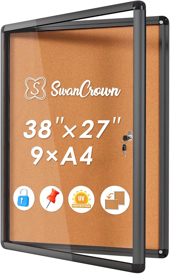 SWANCROWN Enclose Bulletin Board Case School Cork Noticeboards Cabinet with Locking Door and Keys,38x28 inch (9xA4)-DeskLoop Office