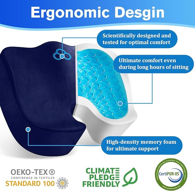 Seat Cushion, Gel Chair Cushions, Office Chair Cushions, Anti-Slip Bottom & Removable Cover Tailbone Pain Relief Cushion, Memory Foam Seat Cushion, 5.28 in Thick (Blue)-DeskLoop Office
