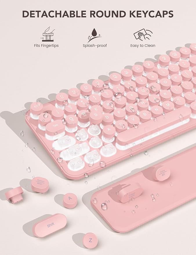 Wireless Keyboard and Mouse Backlit - Typewriter Keyboard with Retro Round Keycaps, Detachable Wrist Rest, Light Up Letters, 2.4G Rechargeable Combo for Mac, Windows, PC, Laptop, Trueque (Pink)-DeskLoop Office