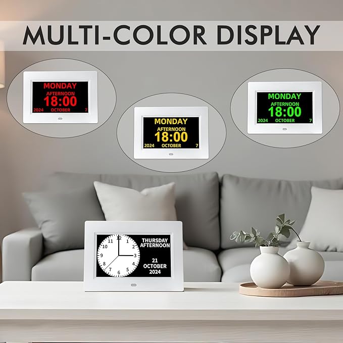 Digital Calendar Alarm Clock for Seniors - 7" Large Display with Day/Date, 12 Custom Alarms & Auto-Dimming | Medication Reminder, Dementia-Friendly Design, Easy Read (White)-DeskLoop Office