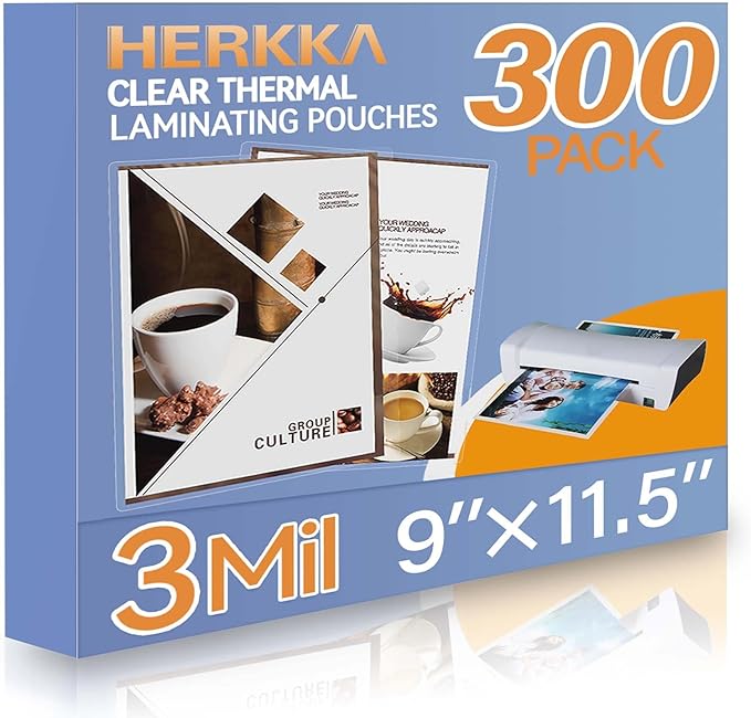 HERKKA 300 Pack Laminating Sheets, Holds 8.5 x 11 Inch Sheets, 3 Mil Clear Thermal Laminating Pouches 9 x 11.5 Inch Lamination Sheet Paper for Laminator, Round Corner Letter Size-DeskLoop Office