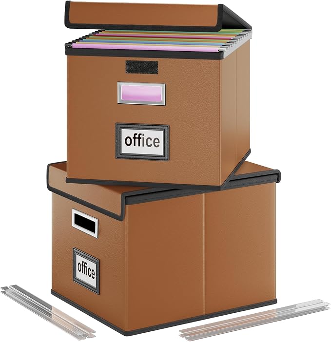 File Organizer Boxes with Lids, Collapsible Faux Leather Hanging File Folder by Huolewa