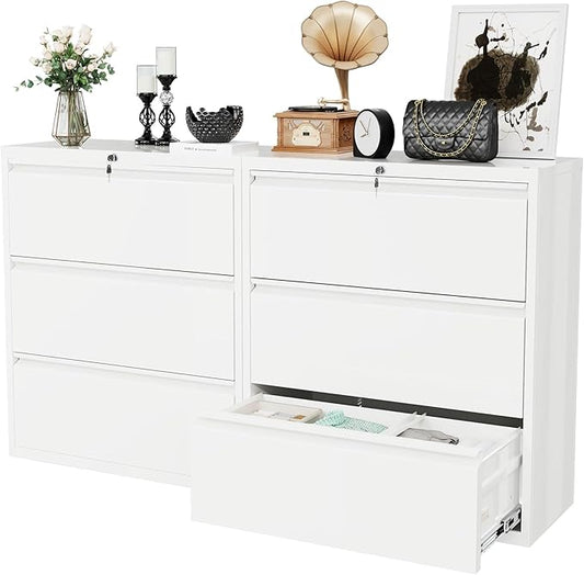 Superday Lateral File Cabinet 3 Drawer Metal File Cabinet with Lock, White Filing Cabinets for Home Office, Locking Filing Cabinets Hanging Files Letter/Legal/F4/A4-DeskLoop Office