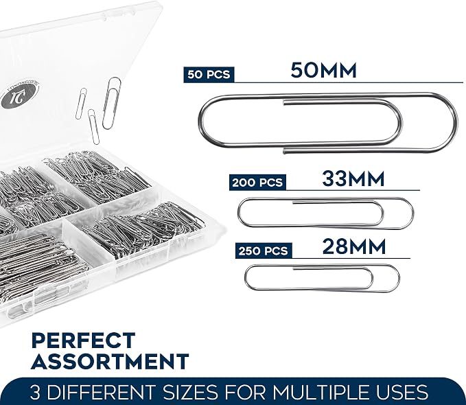 500 Pack Paper Clips by Luxurecourt 3 Assorted Sizes Silver Small & Large | - Image 2