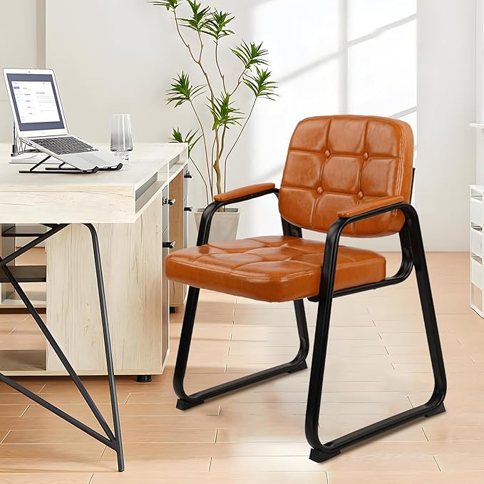 CLATINA Office Guest Chair, Leather Reception Chairs with Padded Arms, Desk Chair No Wheels Stationary for Conference Lobby Waiting Room Training Side Elderly, Set of 2-Orange-DeskLoop Office
