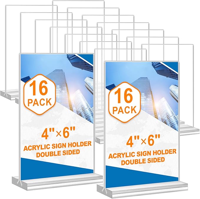 Acrylic Sign Holder 4x6, 16 Pack Clear Double Sided Clear Table Menu Vertical by DunGu