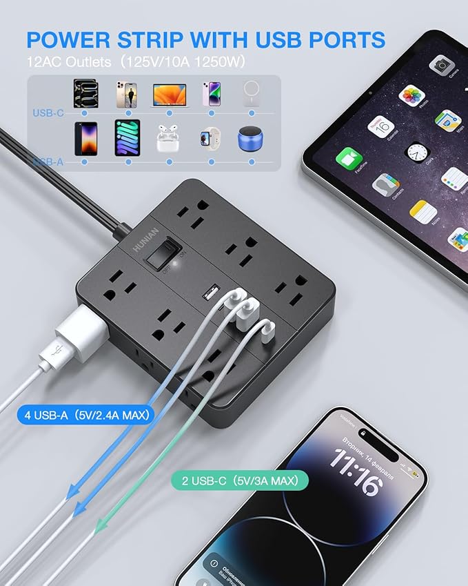 Flat Plug Power Strip Surge Protector, HUNIAN 5 Ft Extension Cord with 12 Widely Spaced Multiple Outlets 6 USB Charger (2 USB C Ports), Desk Charging Station for Home Office Supplies, Black-DeskLoop Office
