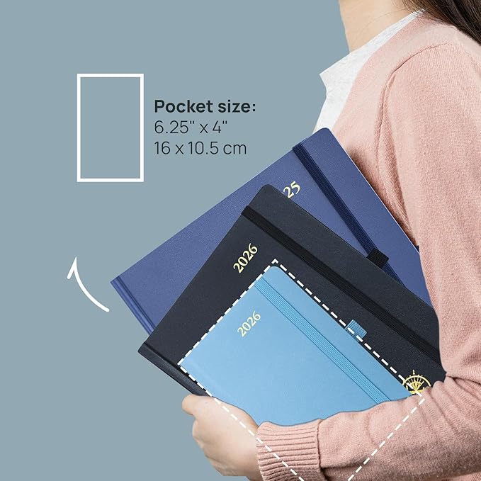 POPRUN 2026 Planner (Pocket Size 4''x 6.25'' Hardcover) - Small Calendar for Purse with Hourly Schedule & Vertical Weekly Layout, Monthly Calendars, 100 GSM - Navy Blue