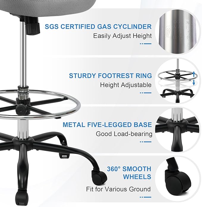 HYLONE Drafting Chair Tall Office Chair with Flip-Up Armrests Ergonomic Computer Chair with Lumbar Support Adjustable Footrest Ring Mesh Standing Desk Chair (Black)-DeskLoop Office