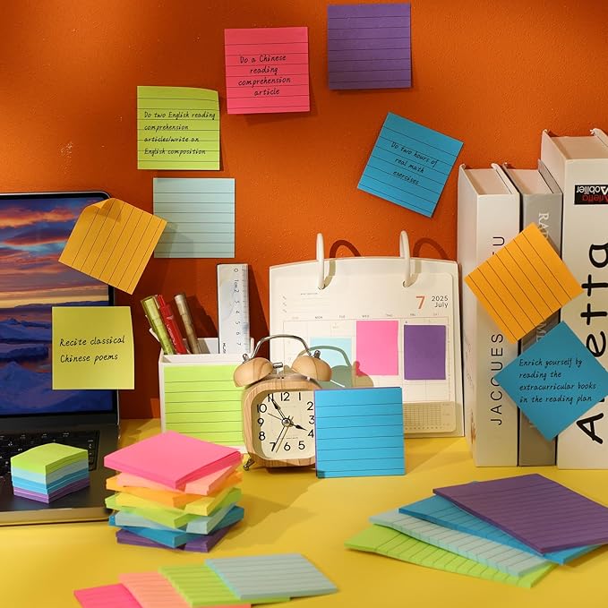 Leinuosen 64 Pack Lined Sticky Notes Self Stick Notes with Lines Bright Assorted Colors Sticky Pad for Home Office Products Post Memos, 2560 Sheets-DeskLoop Office