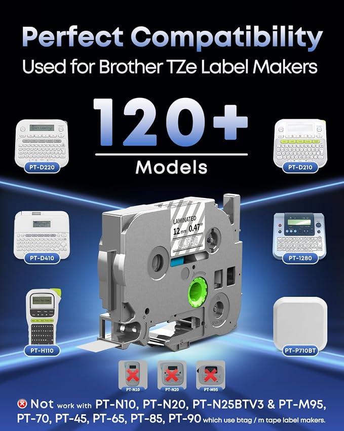 TZe TZ Tape 12mm 0.47 Laminated White on Clear TZe-135 Label Tape | Replace - Image 3