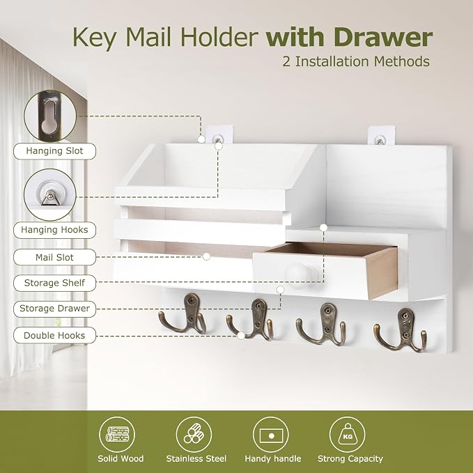 Key Holder Wall Mount, Wooden Adhesive Mail and Key Organizer - Image 3