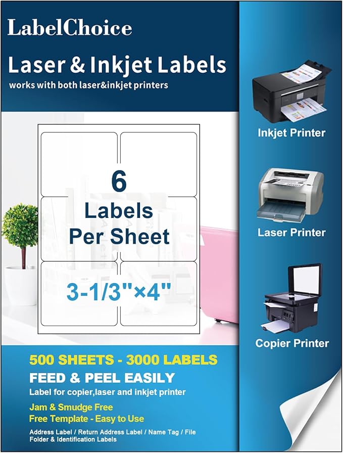 500 Sheets 3000 Pcs 3-1/3 x 4 6 Up Shipping Address Labels by LabelChoice