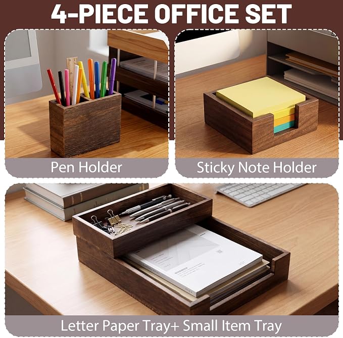 4 Pack Wood Office Supplies Desk Organizer Set - Image 3