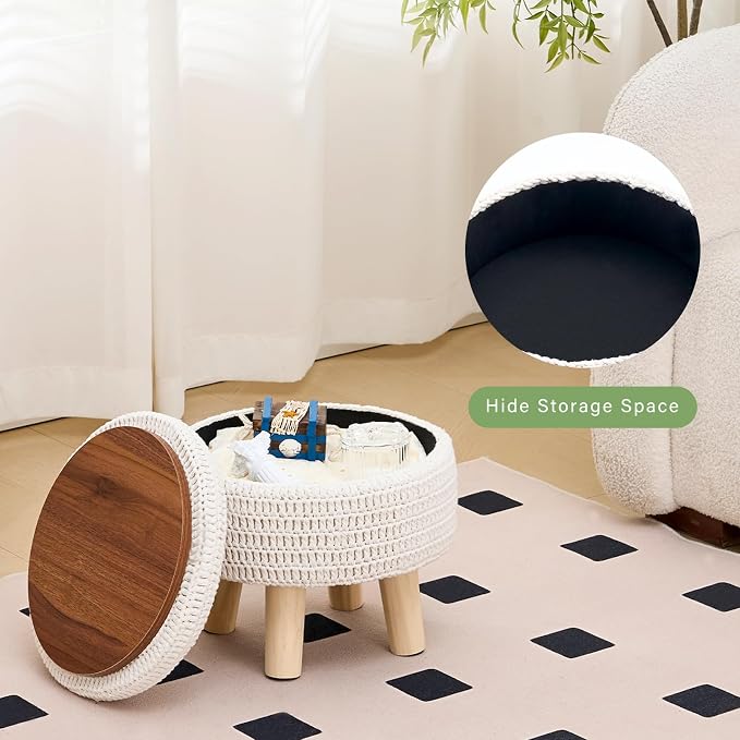 Wimarsbon Pouf Ottoman, 100% Cotton Knitted Boho Footstool, Round Footrest - Image 5