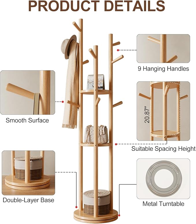 Solid Wood Rotary Coat Rack, Freestanding Coat Rack with 3 Shelves and 9 Hooks, Coat tree for Bedroom, Entryway, Livingroom, Coat Hanger Stand for Coats, Scarves, Handbags (Natural)-DeskLoop Office