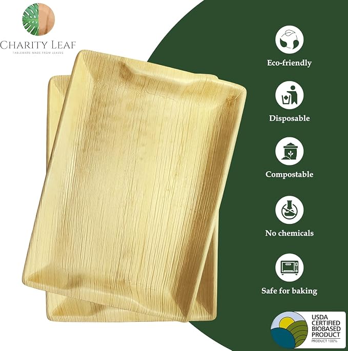 Charity Leaf Disposable Palm Leaf 14" x 10" Trays Bamboo Like Serving Platters - Image 3