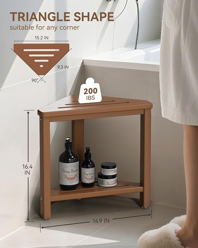 Teak Shower Foot Rest 15in, HDPE Waterproof Shower Stool - Image 2