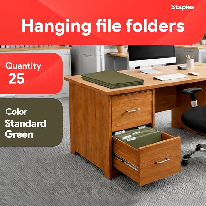 Staples Hanging File Folders, Legal Size, Straight‑Cut Tabs, Standard Green - Image 2