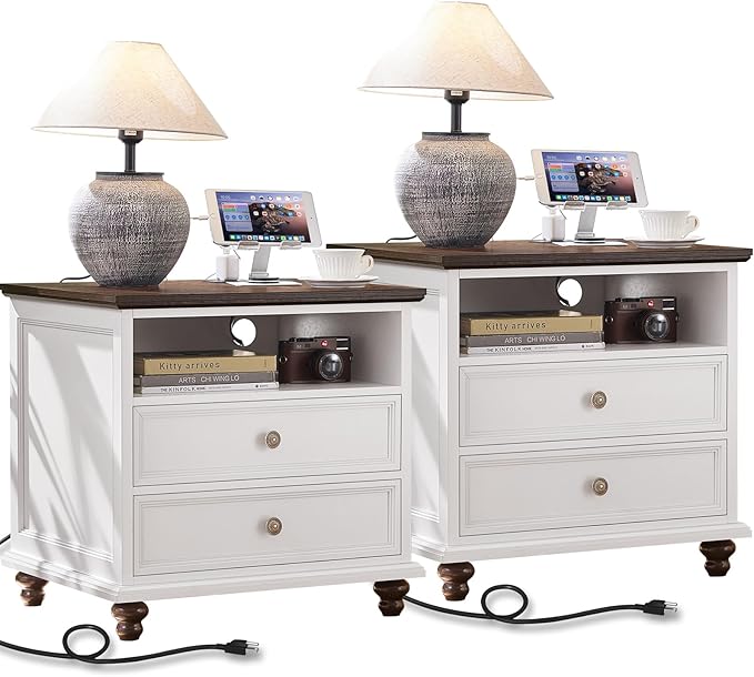 24" Wide Farmhouse Nightstand Set of 2 with Charging Station,End Table with 2 Drawers,White Wood Dresser for Bedroom Cabinet, Bed Side Table Chest of Drawers, Night Stand for Living Room, Closet-DeskLoop Office