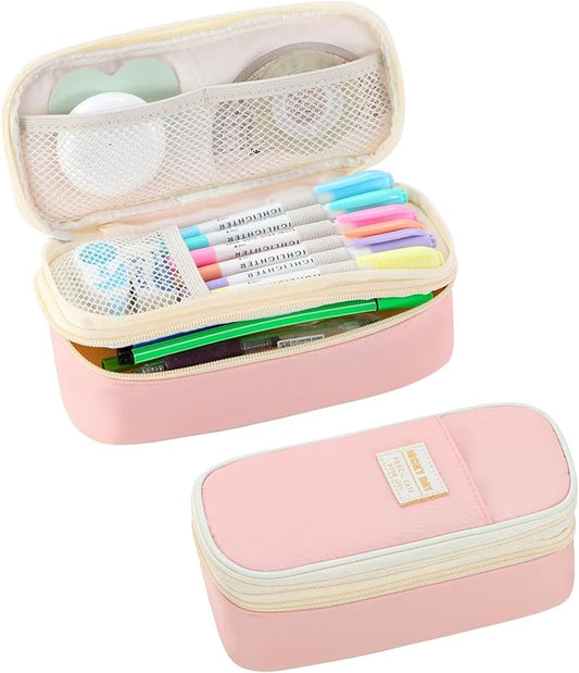Pencil Case for Girls Kids Teens Adults Big Pencil Bag with Zipper Big Pen Pouch Large Stationery Pen Case Organizer for School Pink-DeskLoop Office