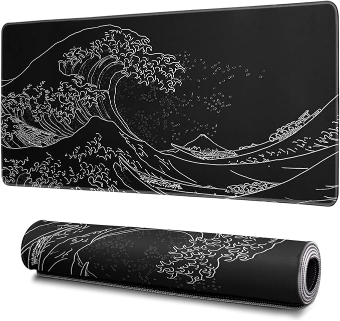 Japanese Gaming Mouse Pad Abstract Black Mouse Pad 31.5x11.8 Inch Black Sea by Hahaluo