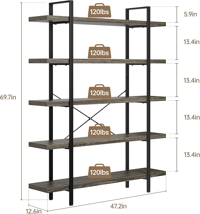 Heavy Duty 5-Tier Industrial Bookcase, 47" Wide Wood Bookshelf for Home Office, 120lbs Shelf Capacity, Rustic Shelving Display with Reinforced Horizontal Shelf for Living Room Bedroom,Grey-DeskLoop Office