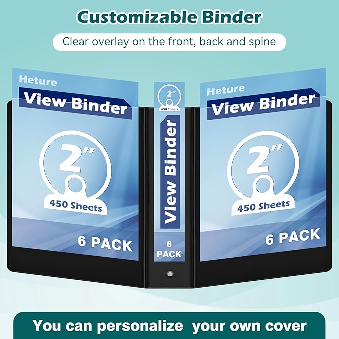 3 Ring Binder 2 Inch 6 Pack,2" Clear View with Round Rings, PVC-Free,Holds for 450 Sheets 8.5X 11 US Letter Size Paper, Durable Black Binders Perfect for Office,School and Home-DeskLoop Office