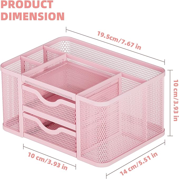 Marbrasse Mesh Desk Organizer, Pen Organizer with 2 Drawer, Multi-Functional Pencil Holder, Desk Organizers and Accessories with 5 Compartments + Drawer for Office Art Supplies (Pink)-DeskLoop Office