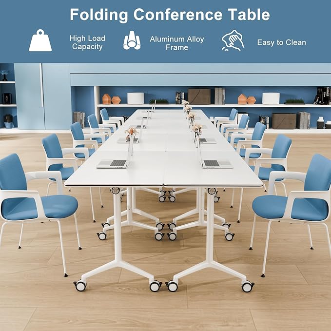 10Pack Folding Conference Room Table, Modern Conference Tables with Silent Wheels, Large Rectangular Mobile Training Tables for Office Classroom, Foldable Modular Seminar Table White (L70.9in)-DeskLoop Office