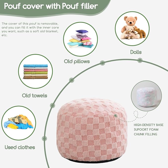 HIGOGOGO Round Stuffed Pouf Ottoman, Plaid Poufs - Image 3