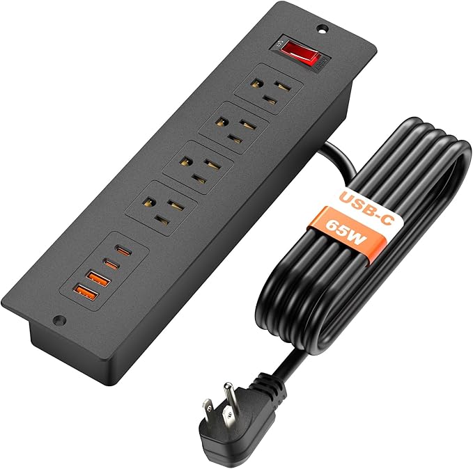 QBA Recessed Power Strip with USB-C 65W, 4 Outlets 2 USB-C & 2 USB-A Ports, Mountable Desk Outlet for Conference Furniture, 45° Angled Flat Plug 6FT Cord, Black-DeskLoop Office