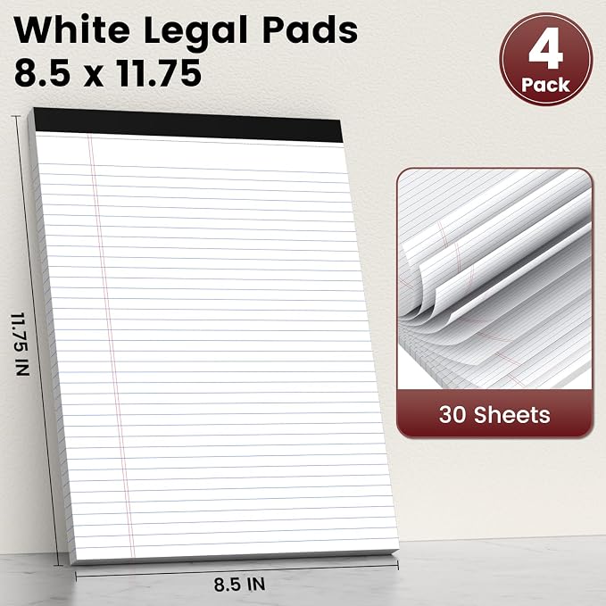 Legal Pads 8.5 x 11 Notepad, 4 Pack White Note Pads, College Ruled Notepads 8.5 - Image 2