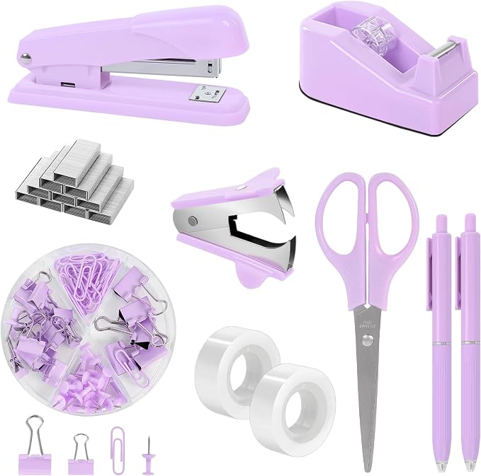 SKYDUE Purple Desk Accessories, Tape Dispenser, Binder/Paper Clips and 1000pcs by SKYDUE