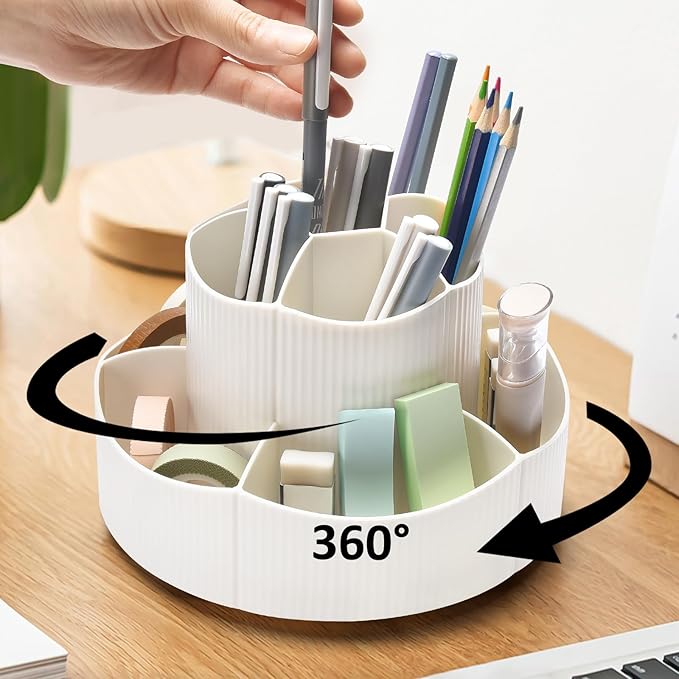 Rotating Desk Organizer, 360° Rotating Pencil Pen Holder for Desk, Desk Organizers and Accessories with 11 Slots Pencil Organizer, Art Supply Storage Box Caddy for Office (Beige)-DeskLoop Office