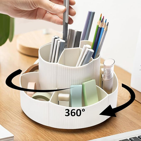 Rotating Desk Organizer, 360° Rotating Pencil Pen Holder for Desk, Desk Organizers and Accessories with 11 Slots Pencil Organizer, Art Supply Storage Box Caddy for Office (Beige)-DeskLoop Office