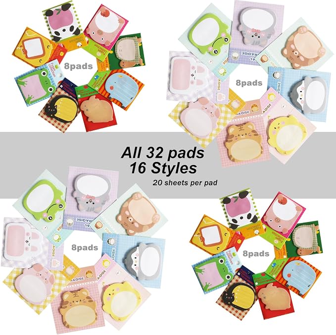 32 Pads Cute Sticky Notes, Animal Sticky Notes Self Adhesive Cartoon Notes Memo - Image 3
