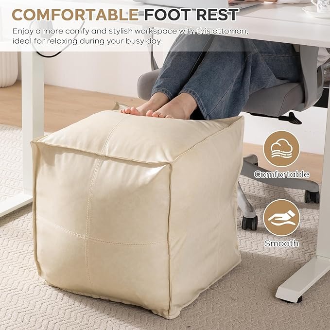 17.7" Square Unstuffed Pouf Ottoman Cover, Pu Leather Poufs Cube Foot Stool Poofy Ottomans Footrest, Decorative Casual Footstool for Living Room, Perfect to Rest Your Feet, Only Cover No Filler, Beige-DeskLoop Office