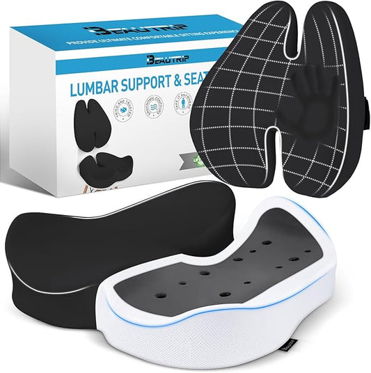 BEAUTRIP Seat Cushion & Lumbar Support Pillow for Office Chair, Car & Wheelchair - Ergonomic Coccyx Cushion for Tailbone, Sciatica & Back Pain Relief - Extra-Dense Charcoal Memory Foam Chair Cushions-DeskLoop Office