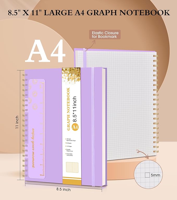 Graph Paper Notebook, Spiral Notebook Journal 8.5” x 11”, A4 Large Grid Notebooks for Women Men, 100 GSM Graph Paper, Plastic Hardcover Spiral Graphing Journals for Work School Engineerin, Purple-DeskLoop Office