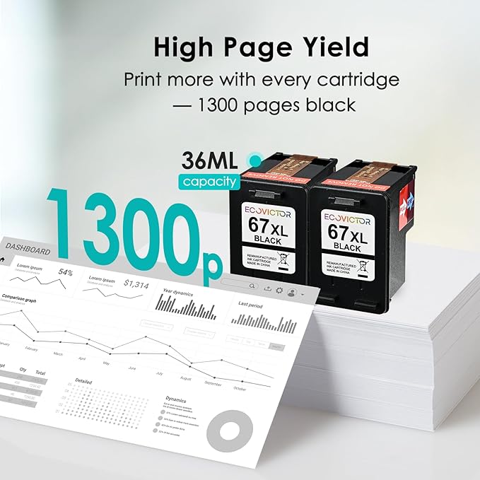 EcoVictor 67XL Black Ink Cartridge Replacement for HP 67 XL (2-Pack) Compatible to HP DeskJet 2755e 2700 2700e 4155e 2752 2755 4100 4100e 2320 Envy 6055e 6000 6000e 6455e 6400 6400e 6458 6052 Printer-DeskLoop Office