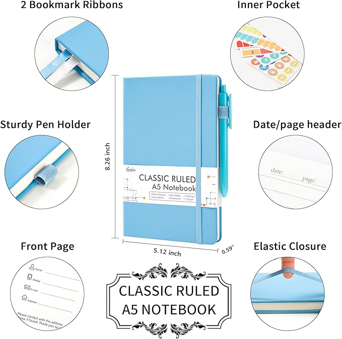 feela 5 Pack Notebooks Journals Bulk, Hardcover Classic Ruled Lined Journals with Pen Holder for Women Girls School Business Supplies, with 5 Black Pens, 120 GSM, 5.1”x8.3”, A5, Blue-DeskLoop Office